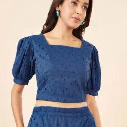 Akkriti by Pantaloons Blue Cotton Self Pattern Crop Top-picture-14