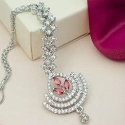 Abdesigns Silver American Diamond Studded Maang Tikka Headpiece-19