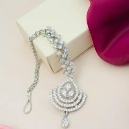 Abdesigns Silver American Diamond Studded Maang Tikka Headpiece-44