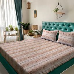Klotthe Beige Cotton Printed 400 TC King Flat Bedsheet with 2 Pillow Covers-picture-0