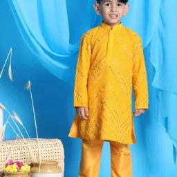 VASTRAMAY Boys Yellow Embroidery Full Sleeves Kurta Sets-image-18