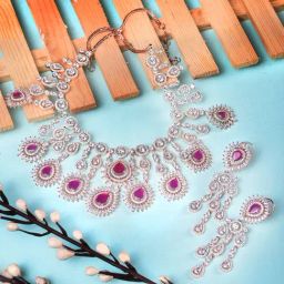Saraf RS Jewellery Rose Gold Toned Pink AD Studded Statement Jewellery Set-3
