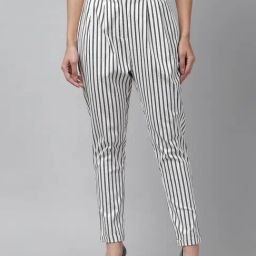 KASSUALLY Black & White Cotton Striped High rise Trousers-46