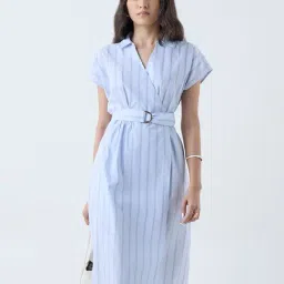 Wardrobe by Westside Light Blue Striped Cotton Wrap Dress with Belt-picture-33