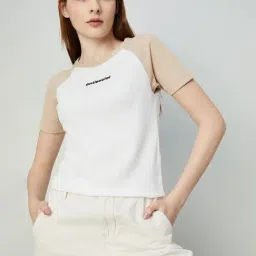 Ginger by Lifestyle White & Beige Color-Block Top-image-3