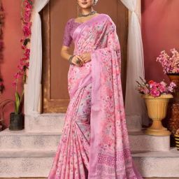 Varanga Pink Floral Print Saree With Unstitched Blouse-picture-14