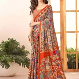 Satrani Grey & Rust Pure Cotton Printed Saree With Unstitched Blouse-image-82