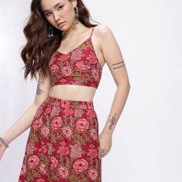 glitchez Floral Printed Smocked Detail Crop Top & Midi Skirt With Pom Poms Detail-picture-29