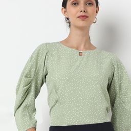 NOT SO PINK Polka Dot Print Keyhole NeckPuff Sleeves Top-image-90