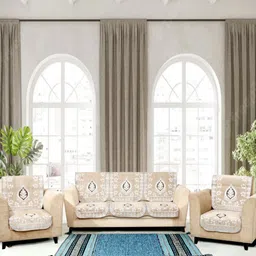 Aura Cream-Coloured & White 6 Pieces Floral Printed 5 Seater Sofa Covers-7