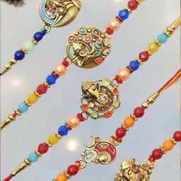 MEIRA JEWELLERY Set Of 5 Stones Studded & Beaded Rakhi Comes with Roli Chawal & Card-image-16