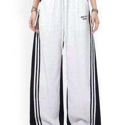SAAHASAM Women Striped Monochrome Relaxed Loose Fit Easy Wash Wide Leg Trousers-image-74