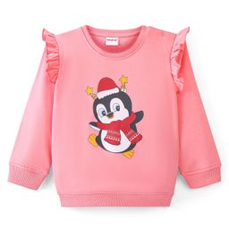 Babyhug 100% Cotton Knit Full Sleeves Sweatshirt With Frill Detailing & Penguin Graphics - Pink-picture-16
