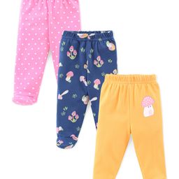 Babyhug Cotton Knit Bootie Leggings Mushroom Printed Pack of 3 - Pink Yellow & Blue-image-58