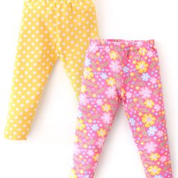 Babyhug Cotton Lycra Knit Full Length Leggings With Strech Floral Print Pack of 2 - Pink & Yellow-image-51