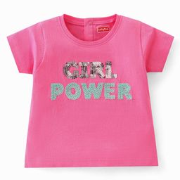 Babyhug 100% Cotton Half Sleeves T-Shirt with Graphics & Sequins Detailing- Pink-picture-3
