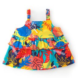 Babyhug Cotton Knit Sleeveless Tropical Printed Top with Frill Detailing - Multicolour-image-33