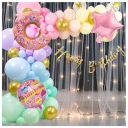 Puchku Happy birthday Net Curtain  LED Light 73 Pcs Combo for Kids pastel décor Donut Theme  birthday party first 1st  2nd 5th  10th-picture-5