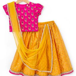 Babyhug Half Sleeves Banarsi Brocade Choli with  Lehenga & Dupatta Set - Mustard-image-25