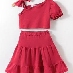 Kookie Kids One Shoulder Sleeves Solid Colour Top with Tiered Skirt - Red-image-93
