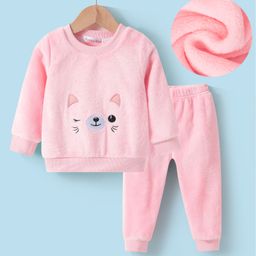Kookie Kids Full Sleeves Winter Wear Night Suit with Animal Embroidery - Pink-image-110