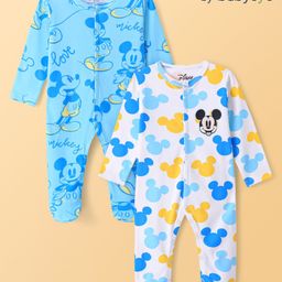 Babyoye Disney Full Sleeves Footed Sleep Suit Wwith Mickey Mouse All Over Print Pack Of 2 - White & Blue-image-72