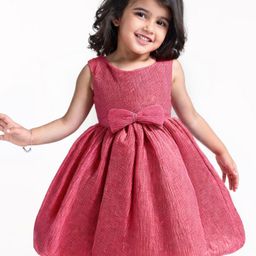 Babyhug Woven Sleeveless Fit & Flared Party Frock with Pleated Fabric & Bow Applique - Red-image-36