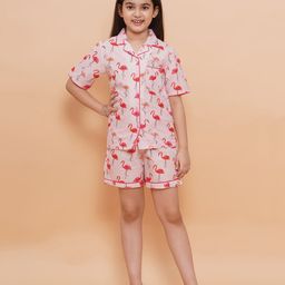 Piccolo Cotton Woven Half Sleeves Flamingos Printed  Night Suit - Pink-image-74