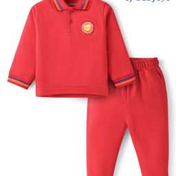 Babyoye100% Cotton Knit Full Sleeves T-Shirt & Lounge Pant Set with Patch Detailing - Red-image-43