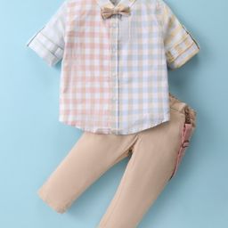 ToffyHouse 100% Cotton Woven Full Sleeves Checkered Shirt & Trouser Set with Bow & Suspender - Multicolour-image-114