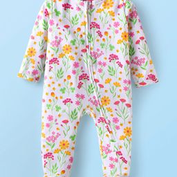 Babyhug Cotton Knit Full Sleeves Floral Printed Footed Front Open Sleep Suit - White-image-80