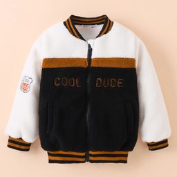 Kookie Kids Full Sleeves Front Open Fur Bomber Jacket with Text Embroidery - Black-picture-17