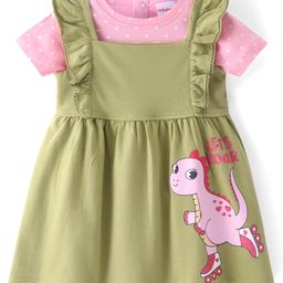 Babyhug Cotton Knit Frock with Half Sleeves Inner T-Shirt with Polka Dots & Dino Print - Pink & Olive Green-image-72