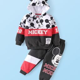 Babyhug Disney Terry Knit Full Sleeves Hooded Sweatshirt & Lounge Pant Set With Mickey Mouse Graphics & Ear Applique - Black White & Red-image-28