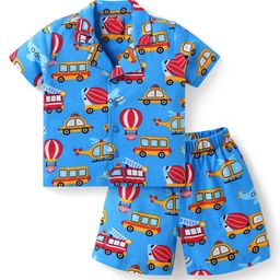 Babyhug Cotton KnitHalf Sleeves Front Open Shorts Night Suit with Vehicle Print - Blue-image-119