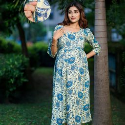 Aujjessa Cotton Three Fourth Sleeves Floral Printed Maternity Kurta With Concealed Zipper Nursing AccessCream Blue-picture-22