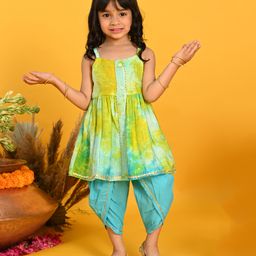 Saka Designs By Sapna Sleeveless Tie Dye & Foil Striped Kurta Dhoti Set - Blue-image-18