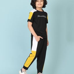 SMART RAHO Cotton Half Sleeves Brand Name Text Printed Colour Blocked Tee With Coordinating Track Pant Set - Yellow-image-117