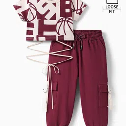 OLLINGTON ST. Cotton Knit Half Sleeve Top & JoggersSet with Sport Theme Print - Maroon-picture-18