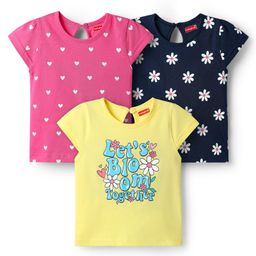 Babyhug Cotton Knit Half Sleeves T-Shirts with Heart & Floral Print Pack of 3 - Pink Yellow & Navy Blue-image-26