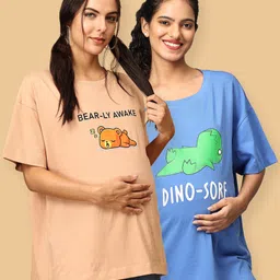 The Mom Store Pack Of 2 Half Sleeves Teddy Bear & Dinosaur Printed Oversized Maternity Tees - Sand & Blue-picture-35