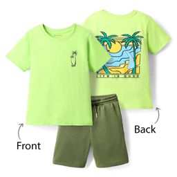 Kookie Kids Knit Half Sleeves Textured T-Shirt & Shorts Set with Beach Theme Print - Olive & Neon Green-image-6