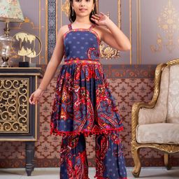 Aarika Rayon Sleeveless Paisley Printed & Lace Embellished Kurta & Sharara Set - Navy Blue-picture-29