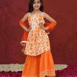 AJ Dezines Cotton Sleeveless Floral Printed & Gotta Lace Embellished Kurta Sharara With Dupatta Set - Orange-image-50