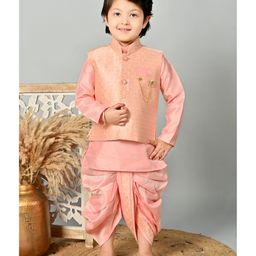 BT DEZINES Jacquard Full Sleeves Solid Kurta Dhoti With Floral Embroidered Jacket Set - Rose Pink-image-10