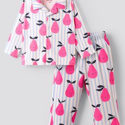 Bonfino 100% Cotton Knit Full Sleeves Co-Ord Night Suit With Fruit Print - Ivory-image-98