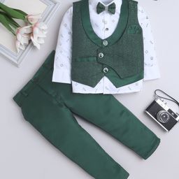 Fourfolds Cotton Blend Woven Full Sleeves Doodle Art Printed & Damask Embroidered 3 Piece Party Suit Set With Bow - Dark Green-picture-38