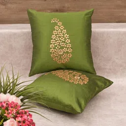 RoyalDeco Olive And Gold-Toned 2 Pieces Floral Embroidered Silk Square Cushion Covers-43