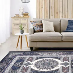 Status Blue & Grey Ethnic Motifs Printed Microfibre Anti Skid Carpet-16