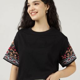 Sands of India Women Floral Printed Round Neck Cotton Boxy T-shirt-image-42